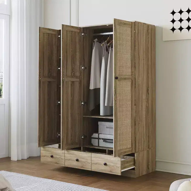 Ντουλάπα Rattan Famapy με 3 Συρτάρια, 3 Πόρτες από Διαπνέον Rattan, Ψηλή Ντουλάπα Αποθήκευσης σε Αγροτικό Στυλ για την Κρεβατοκάμαρα