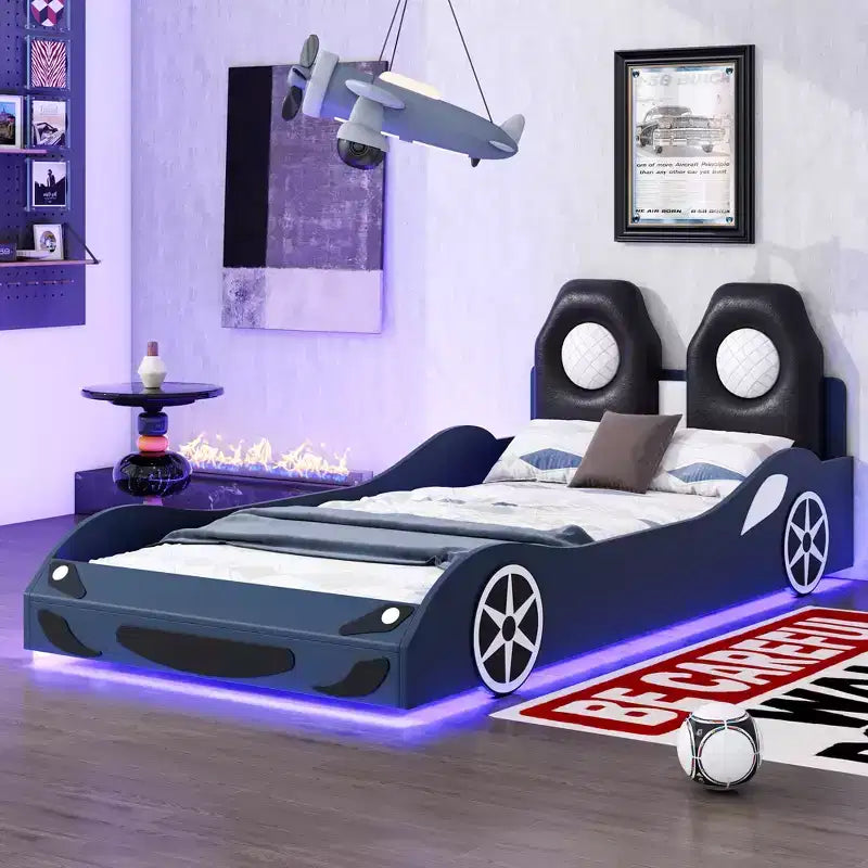 Πλατφόρμα κρεβάτι Whisen Wood σε μέγεθος Twin, σε σχήμα αγωνιστικού αυτοκινήτου, με LED και επενδυμένο κεφαλάρι