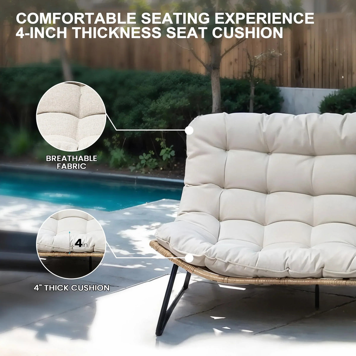 Διπλή πολυθρόνα Papasan Loveseat με μαξιλάρι, από ρατάν PE παντός καιρού και μεταλλικό σκελετό για εσωτερικούς και εξωτερικούς χώρους