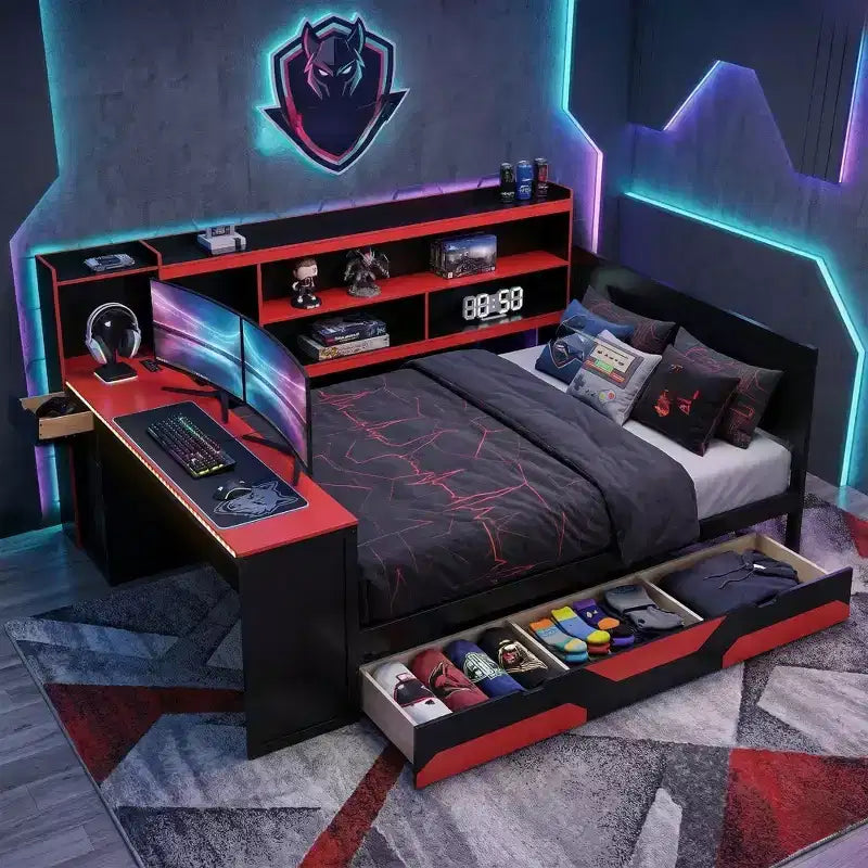 Gamer Hub Daybed με Γραφείο, Φώτα RGB, Σταθμό Φόρτισης, Συρτάρια Αποθήκευσης & Κεφαλάρι-Βιβλιοθήκη