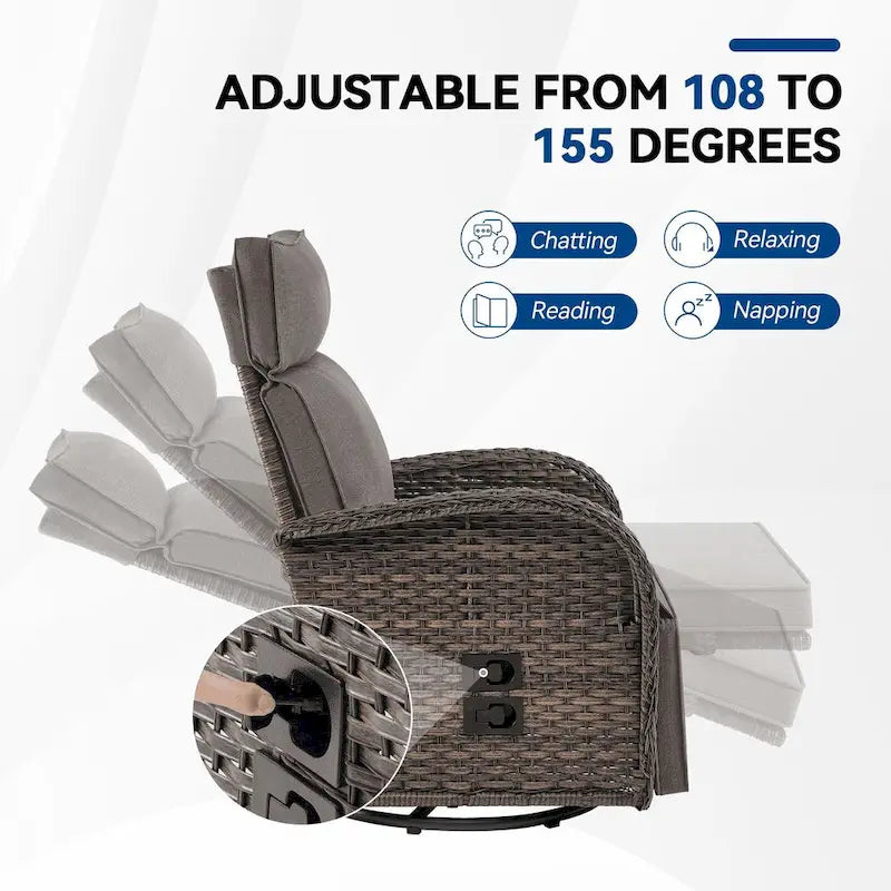 Pocassy 3PCS Versatile Outdoor Recliner Chair with Side Table Grey Cushion