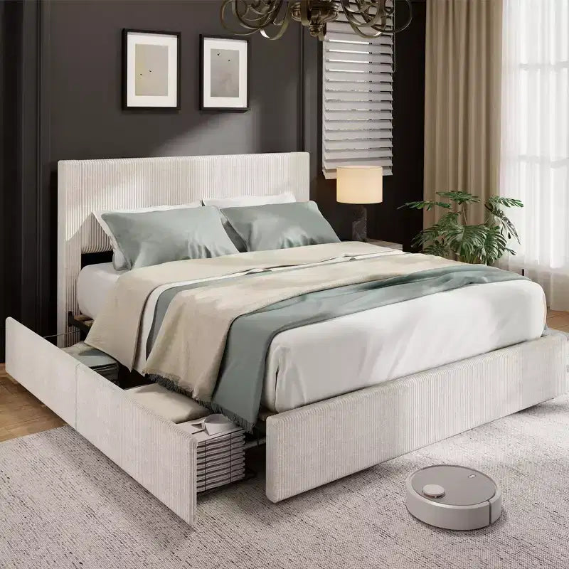 Κρεβάτι CuisinSmart με επένδυση κοτλέ και κεφαλάρι, πλατφόρμα με 4 συρτάρια αποθήκευσης και ξύλινα δοκάρια στήριξης