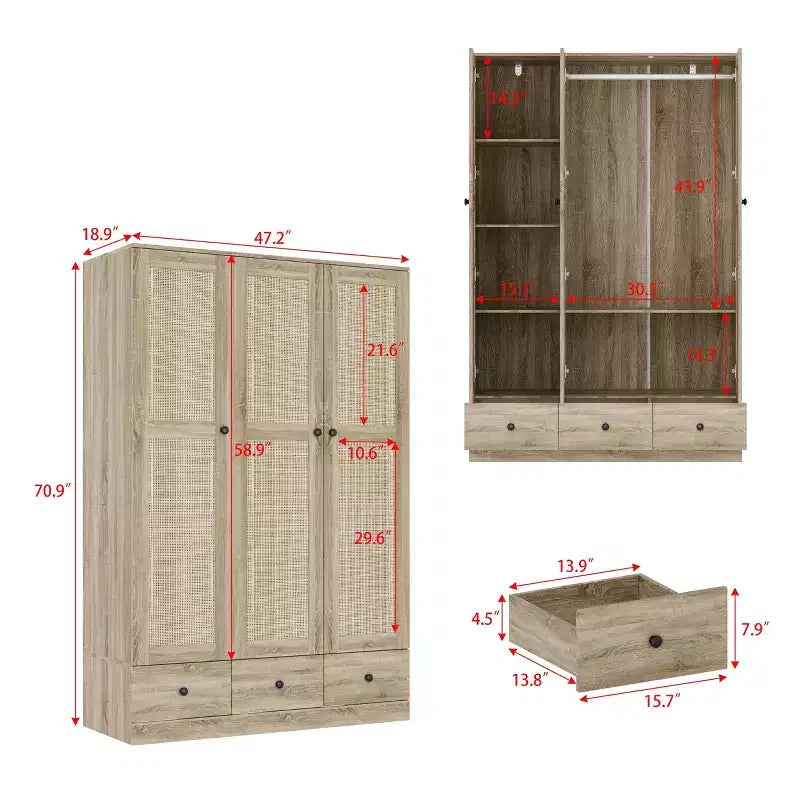 Ντουλάπα Rattan Famapy με 3 Συρτάρια, 3 Πόρτες από Διαπνέον Rattan, Ψηλή Ντουλάπα Αποθήκευσης σε Αγροτικό Στυλ για την Κρεβατοκάμαρα