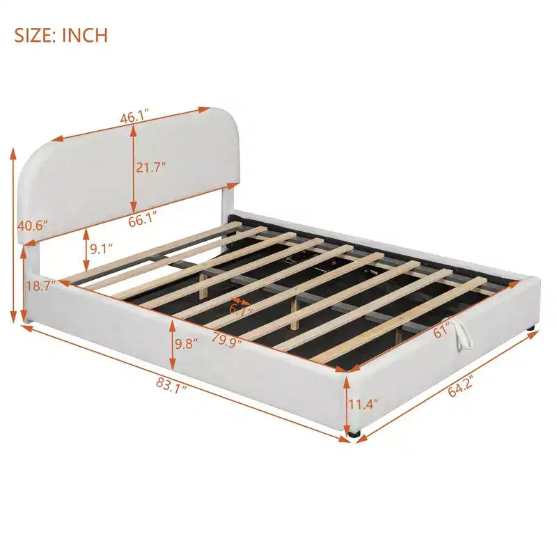 Queen Size Upholstered Bed with Lift-Up Storage - White