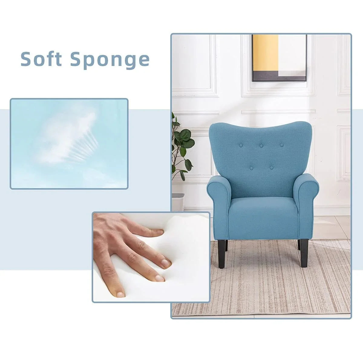 Erommy Modern Accent Chair, High Back Armchair, Upholstered Fabric Button Single Sofa with Wooden Legs for Living Room