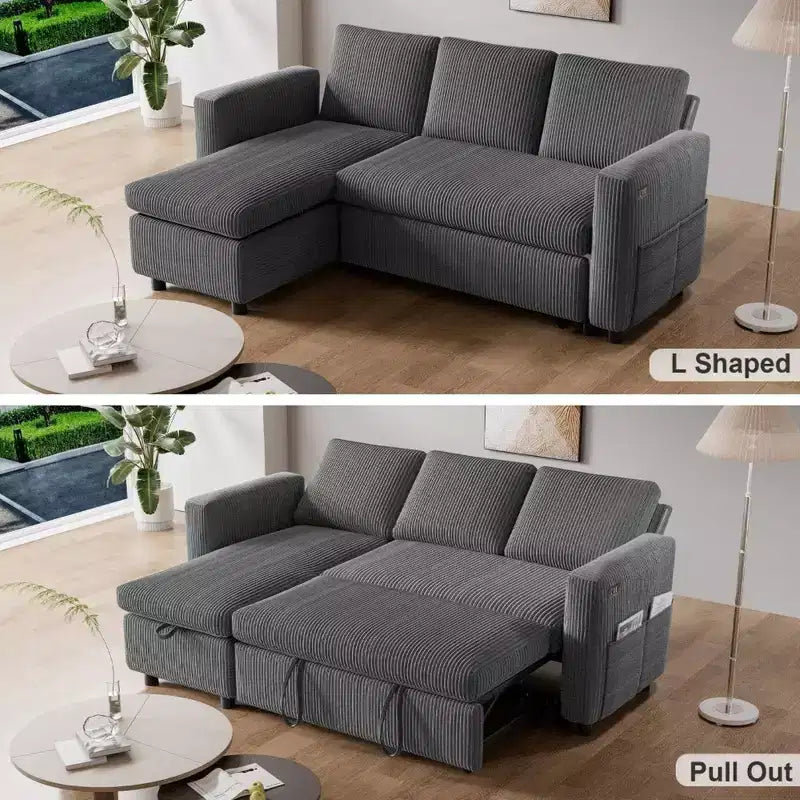 Dyonery Καναπές-κρεβάτι 2 σε 1 με συρόμενο μηχανισμό και αποθηκευτικό χώρο στο ανάκλιντρο, υφασμάτινος κοτλέ γωνιακός καναπές με θύρες USB για το σαλόνι