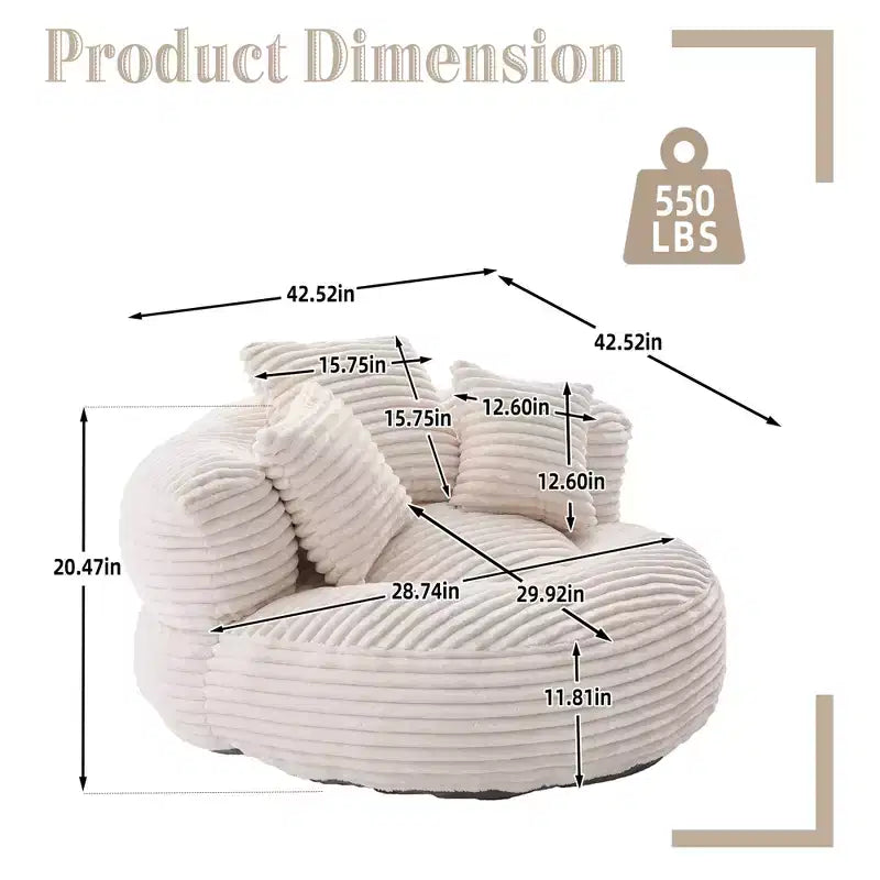 Καναπές Bean Bag για ενήλικες και παιδιά, υπερμεγέθης πολυθρόνα πουφ από κοτλέ ύφασμα με 3 μαξιλάρια και μπράτσα για το σαλόνι και την κρεβατοκάμαρα