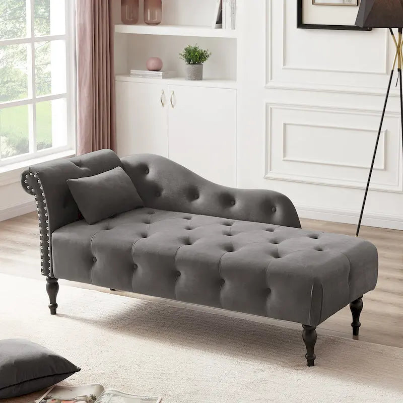 Modern 60.6  Velvet Upholstered Buttons Tufted Chaise Lounge Chair with Solid Wood Legs and Nailheads