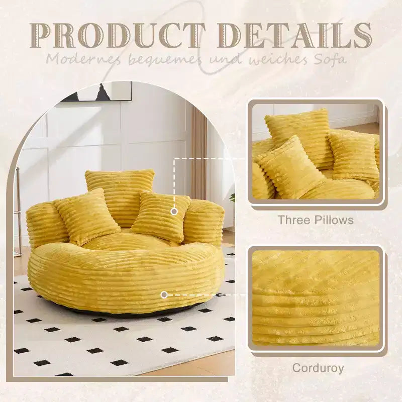 Καναπές Bean Bag για ενήλικες και παιδιά, υπερμεγέθης πολυθρόνα πουφ από κοτλέ ύφασμα με 3 μαξιλάρια και μπράτσα για το σαλόνι και την κρεβατοκάμαρα