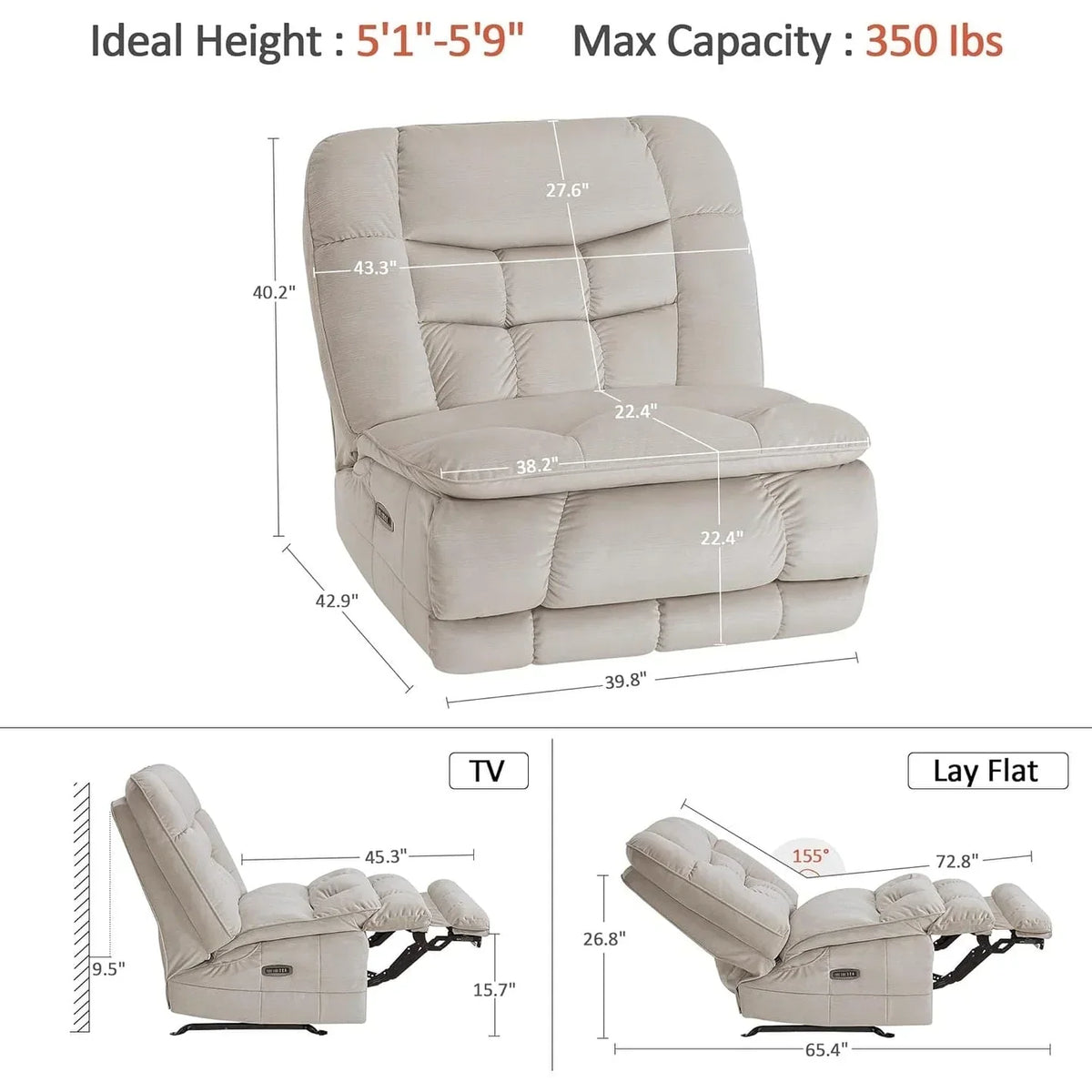 Πολυθρόνα relax MCombo υπερμεγέθης με διπλό μοτέρ χωρίς μπράτσα, ηλεκτρική πολυθρόνα λικνιζόμενη Zeroarms ιδανική για το σαλόνι, υφασμάτινη PR607