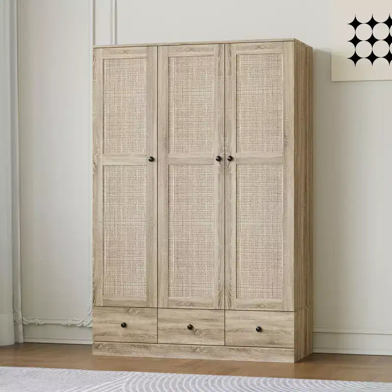Ντουλάπα Rattan Famapy με 3 Συρτάρια, 3 Πόρτες από Διαπνέον Rattan, Ψηλή Ντουλάπα Αποθήκευσης σε Αγροτικό Στυλ για την Κρεβατοκάμαρα