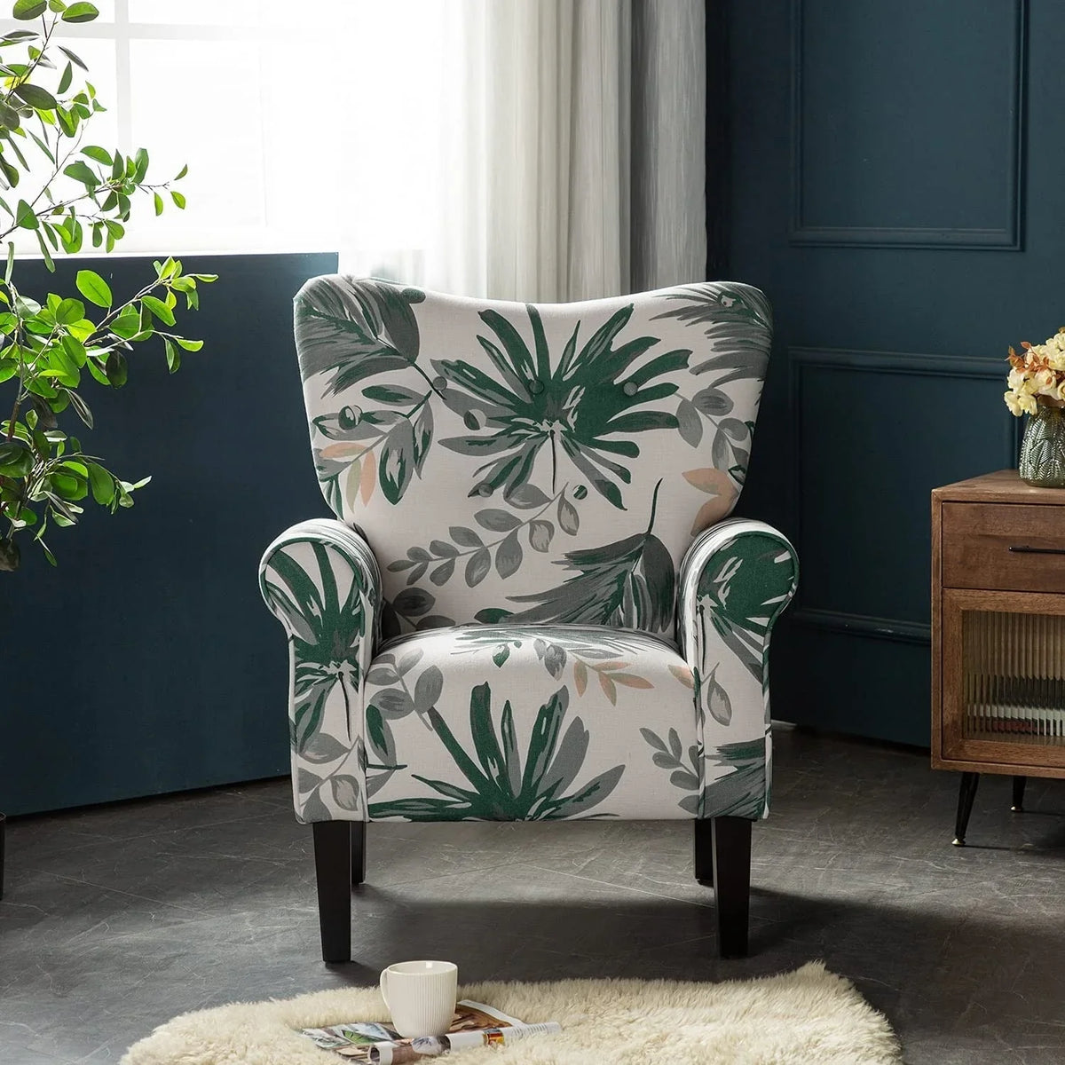 Erommy Modern Accent Chair, High Back Armchair, Upholstered Fabric Button Single Sofa with Wooden Legs for Living Room
