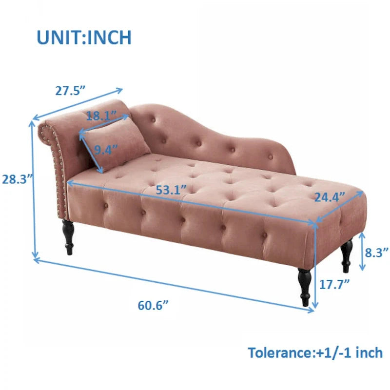 Modern 60.6  Velvet Upholstered Buttons Tufted Chaise Lounge Chair with Solid Wood Legs and Nailheads