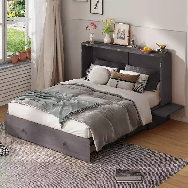 Mjkone Murphy Bed Queen, Αναδιπλούμενο κρεβάτι-ντουλάπι Cube με σταθμό φόρτισης & αποθηκευτικό χώρο