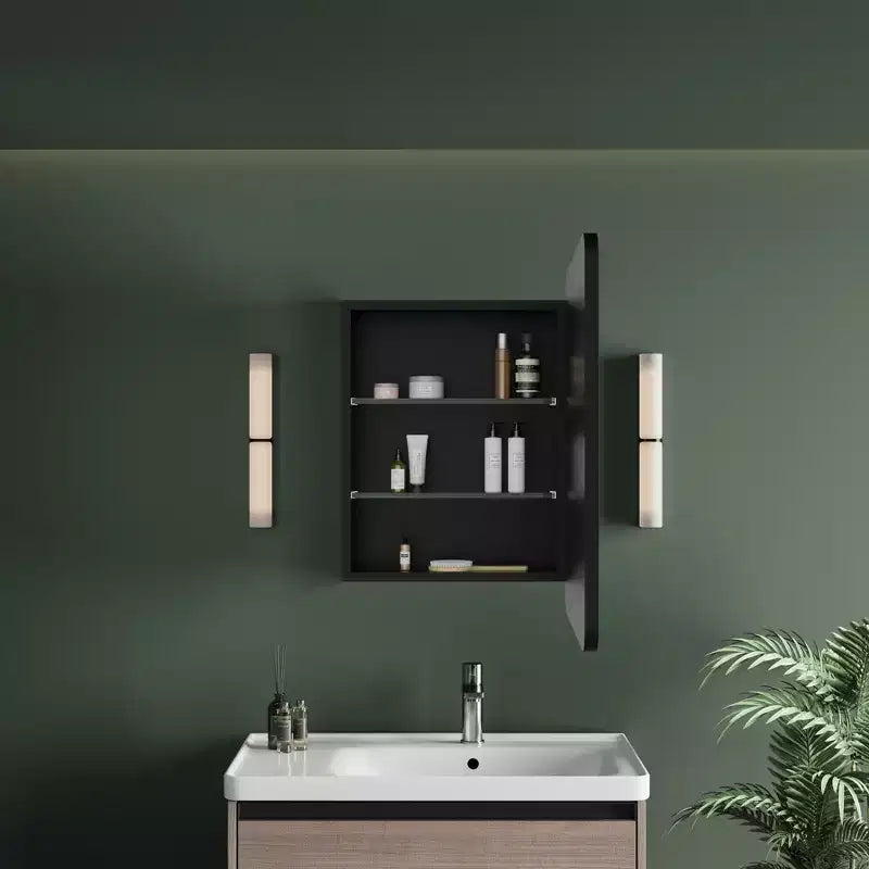 Ντουλάπι μπάνιου με καθρέφτη και φωτισμό LED, Μαύρο / Λευκό / Χρυσό, Μονή πόρτα, Δεξιά ή αριστερή φορά ανοίγματος, Χωνευτό ή επιτοίχιο