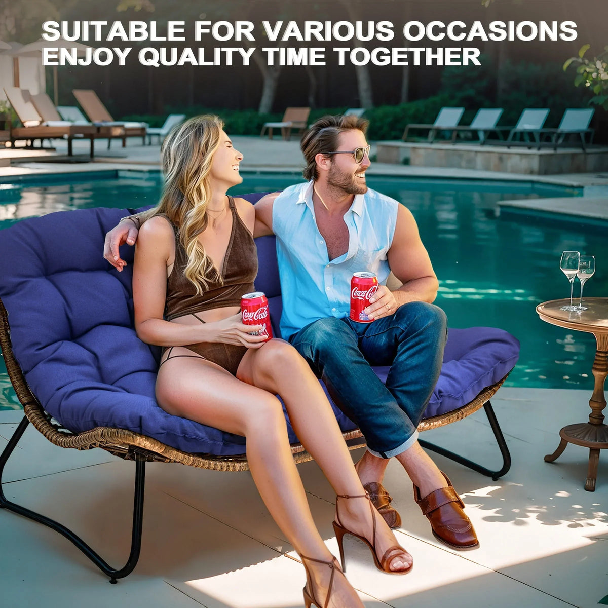 Διπλή πολυθρόνα Papasan Loveseat με μαξιλάρι, από ρατάν PE παντός καιρού και μεταλλικό σκελετό για εσωτερικούς και εξωτερικούς χώρους