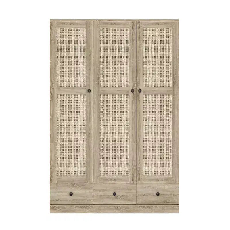 Ντουλάπα Rattan Famapy με 3 Συρτάρια, 3 Πόρτες από Διαπνέον Rattan, Ψηλή Ντουλάπα Αποθήκευσης σε Αγροτικό Στυλ για την Κρεβατοκάμαρα