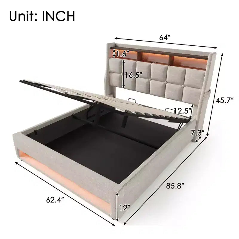 Κρεβάτι Queen Size με υδραυλικό αποθηκευτικό χώρο, LED, USB, επενδυμένο κεφαλάρι, χωρίς ανάγκη για σομιέ, εύκολη συναρμολόγηση
