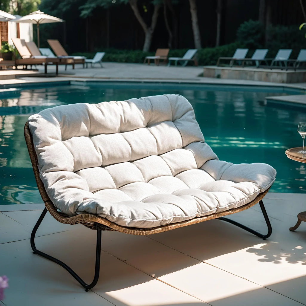 Διπλή πολυθρόνα Papasan Loveseat με μαξιλάρι, από ρατάν PE παντός καιρού και μεταλλικό σκελετό για εσωτερικούς και εξωτερικούς χώρους