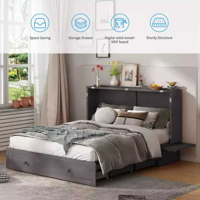 Mjkone Murphy Bed Queen, Αναδιπλούμενο κρεβάτι-ντουλάπι Cube με σταθμό φόρτισης & αποθηκευτικό χώρο