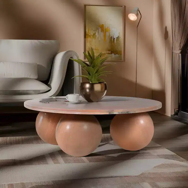 Round Marble Coffee Table with Sphere Legs, Multicolor, Seats 4â€?