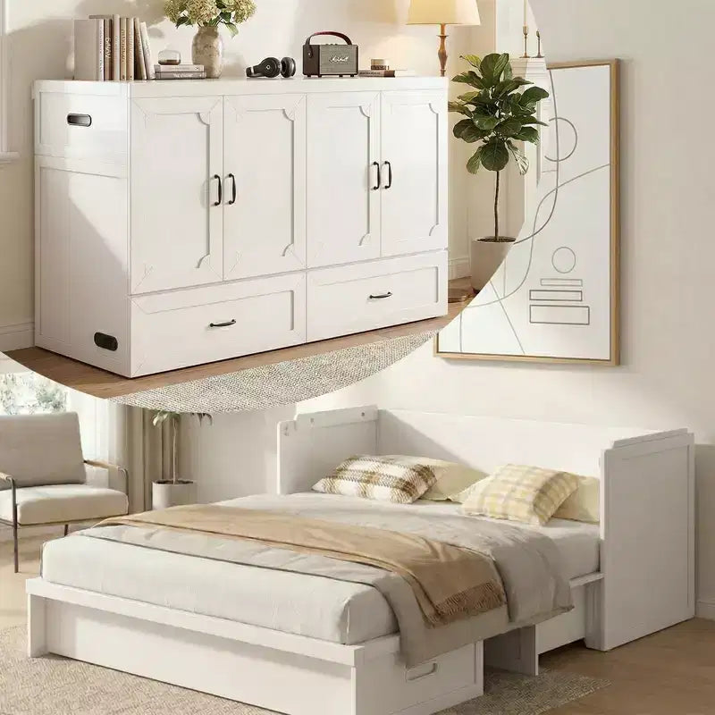 Επιπλοκρεβάτι Murphy Mjkone, διπλό (Queen Size), μετατρεπόμενο, με στρώμα, θύρα φόρτισης USB και συρτάρια αποθήκευσης