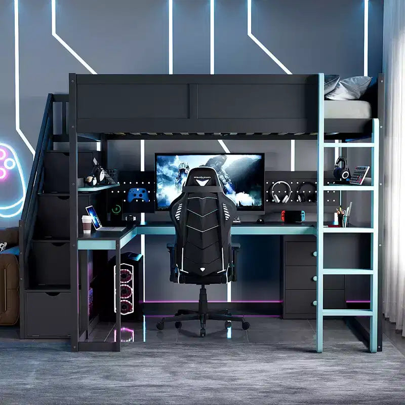GDFStudio Ξύλινο Υπερυψωμένο Κρεβάτι Παιχνιδιού Scott με Σκάλες Αποθήκευσης, Γραφείο, Ράφια & Διάτρητο Πίνακα