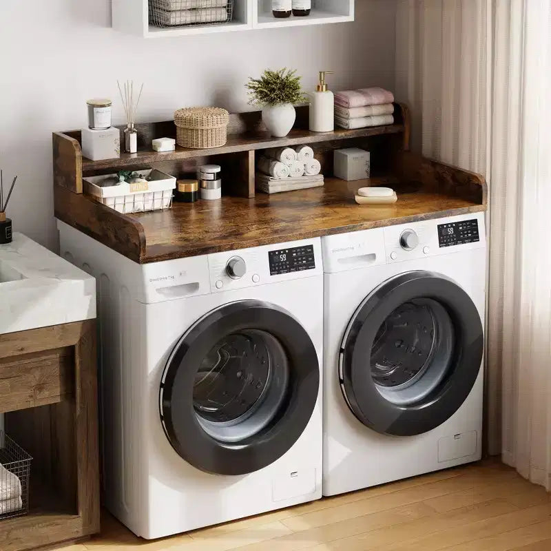 Wood Washer and Dryer Topper, 54 Laundry Countertop with 2-Tier Storage Shelf, Anti-Slip Work Surface with Guardrails for Laundry Organization