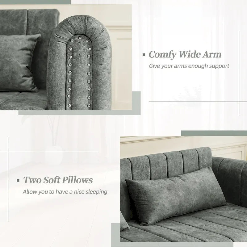 Velvet Upholstered Modern Convertible Sleeper Lounge Sofa Bed with Rolled Arms Decorated with Copper Nails