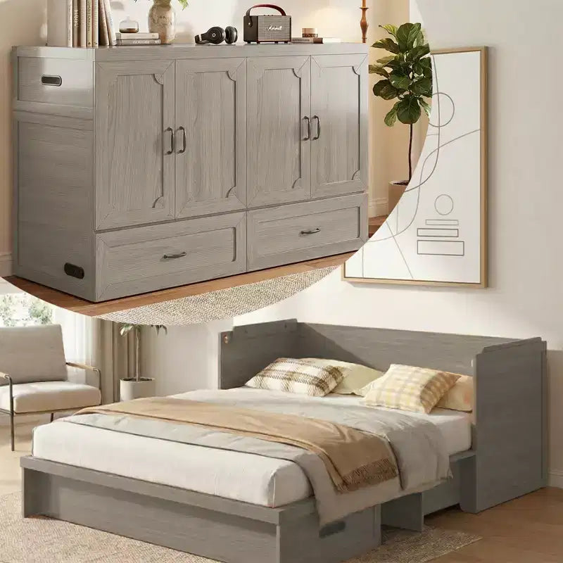 Mjkone Queen Size Μετατρεπόμενο κρεβάτι Murphy σε ερμάριο με θύρα φόρτισης USB, συρτάρια αποθήκευσης, δεν περιλαμβάνεται στρώμα