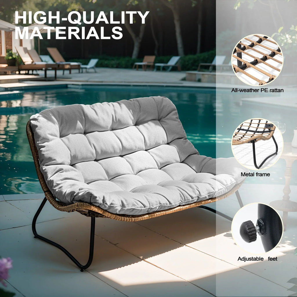 Διπλή πολυθρόνα Papasan Loveseat με μαξιλάρι, από ρατάν PE παντός καιρού και μεταλλικό σκελετό για εσωτερικούς και εξωτερικούς χώρους