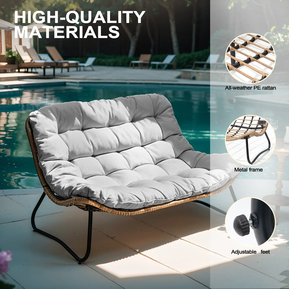 Διπλή πολυθρόνα Papasan Loveseat με μαξιλάρι, από ρατάν PE παντός καιρού και μεταλλικό σκελετό για εσωτερικούς και εξωτερικούς χώρους