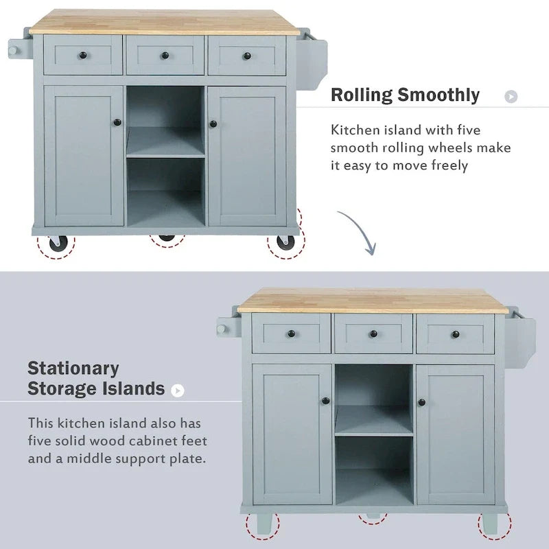 Kitchen Cart With Rubber Wood Drop-Leaf Countertop