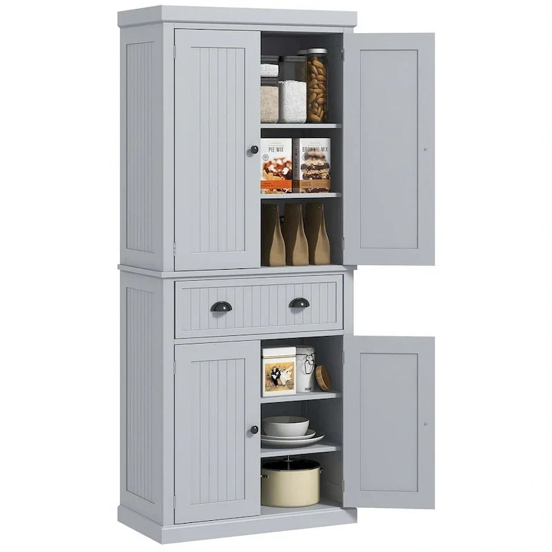 72 Kitchen Pantry Storage Cabinet, Traditional Freestanding Cabinet with 4 Doors and 3 Adjustable Shelves, Large Central Drawer