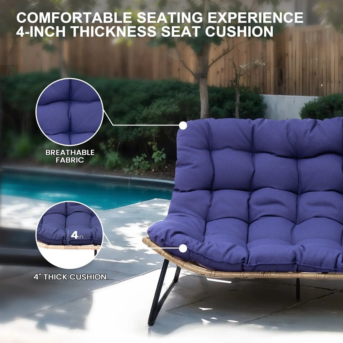 Διπλή πολυθρόνα Papasan Loveseat με μαξιλάρι, από ρατάν PE παντός καιρού και μεταλλικό σκελετό για εσωτερικούς και εξωτερικούς χώρους