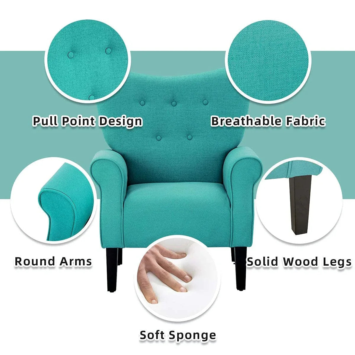 Erommy Modern Accent Chair, High Back Armchair, Upholstered Fabric Button Single Sofa with Wooden Legs for Living Room