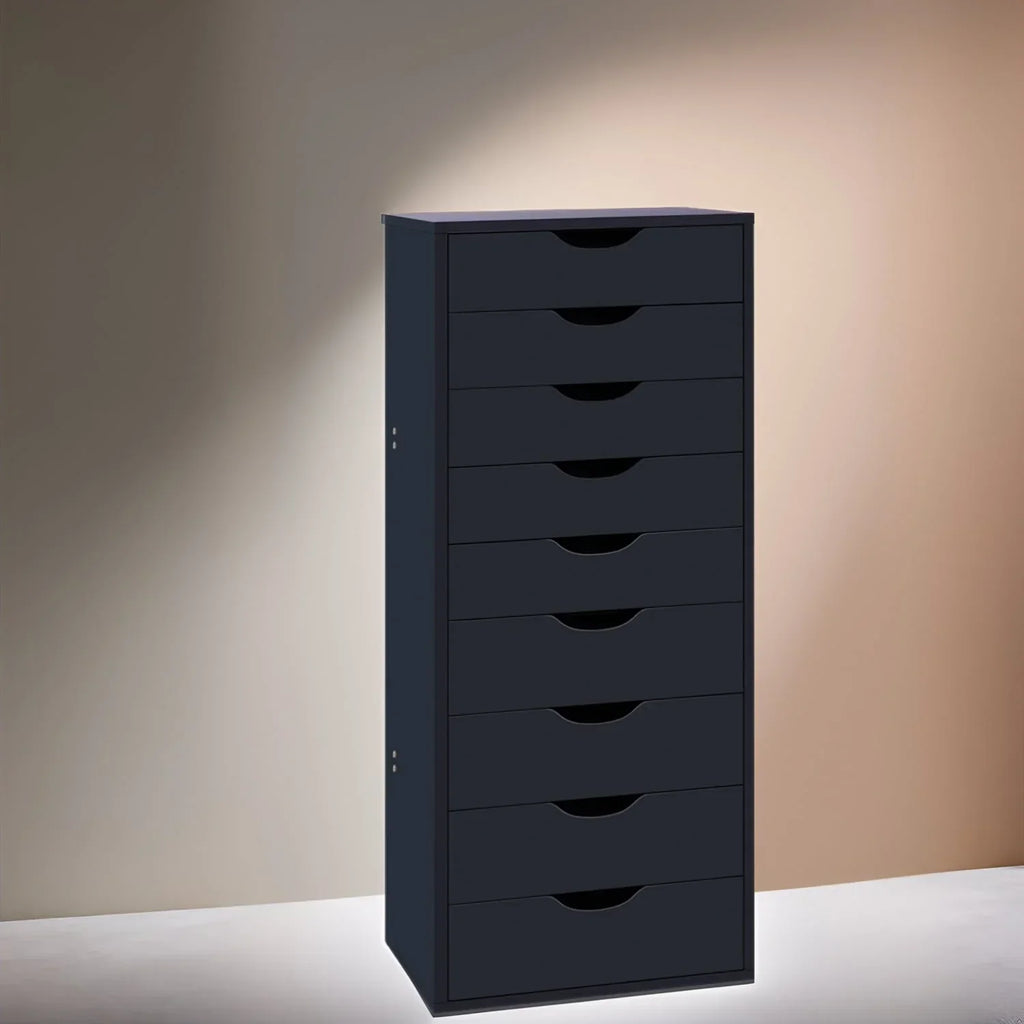 Narrow Wooden 9-Drawer Cabinet with Smooth-Glide Drawers and Top Storage Shelf