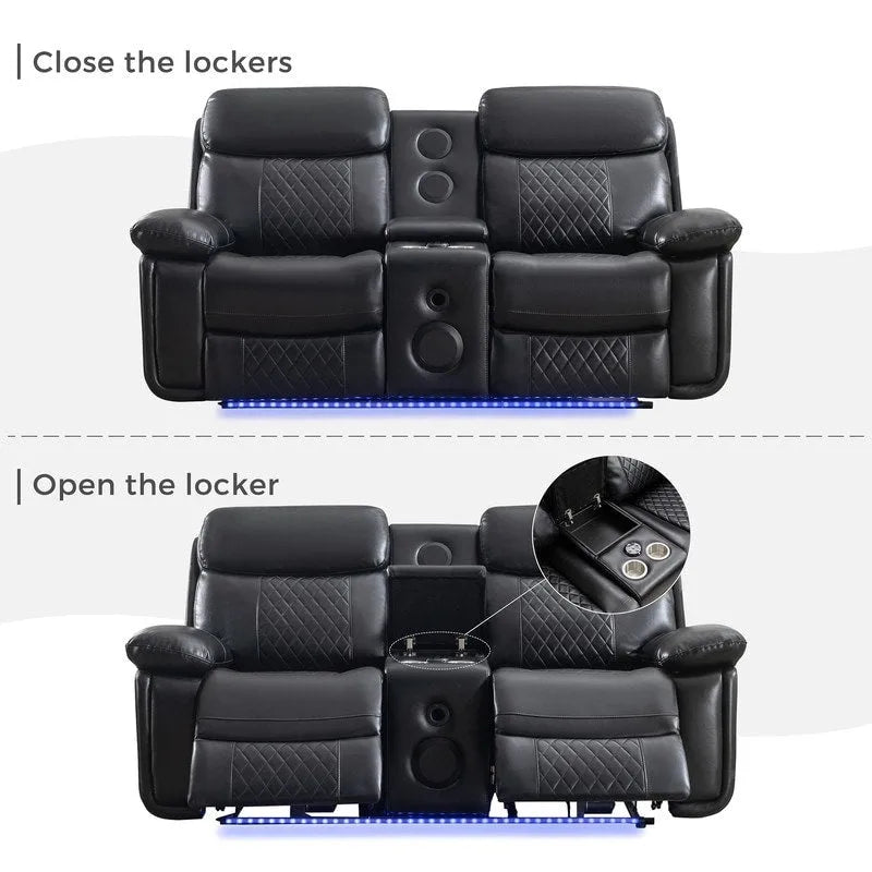 Power Reclining Sofa with Wireless Charger,Reading Light,LED Light for Living Room,Faux Leather,AC/USB Port,Cup Holder,Black