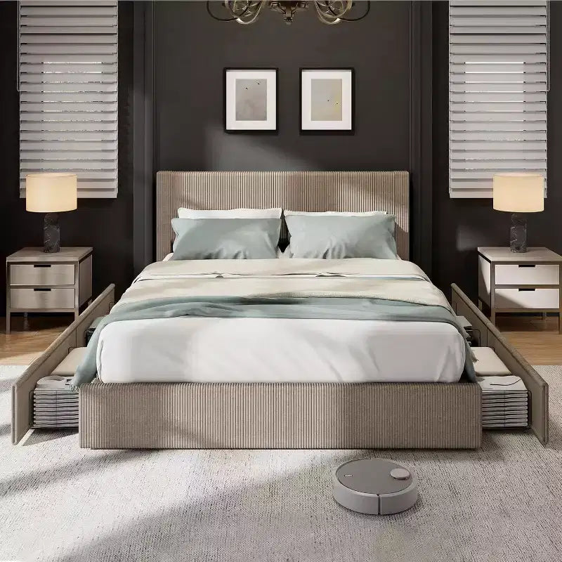 Κρεβάτι CuisinSmart με επένδυση κοτλέ και κεφαλάρι, πλατφόρμα με 4 συρτάρια αποθήκευσης και ξύλινα δοκάρια στήριξης