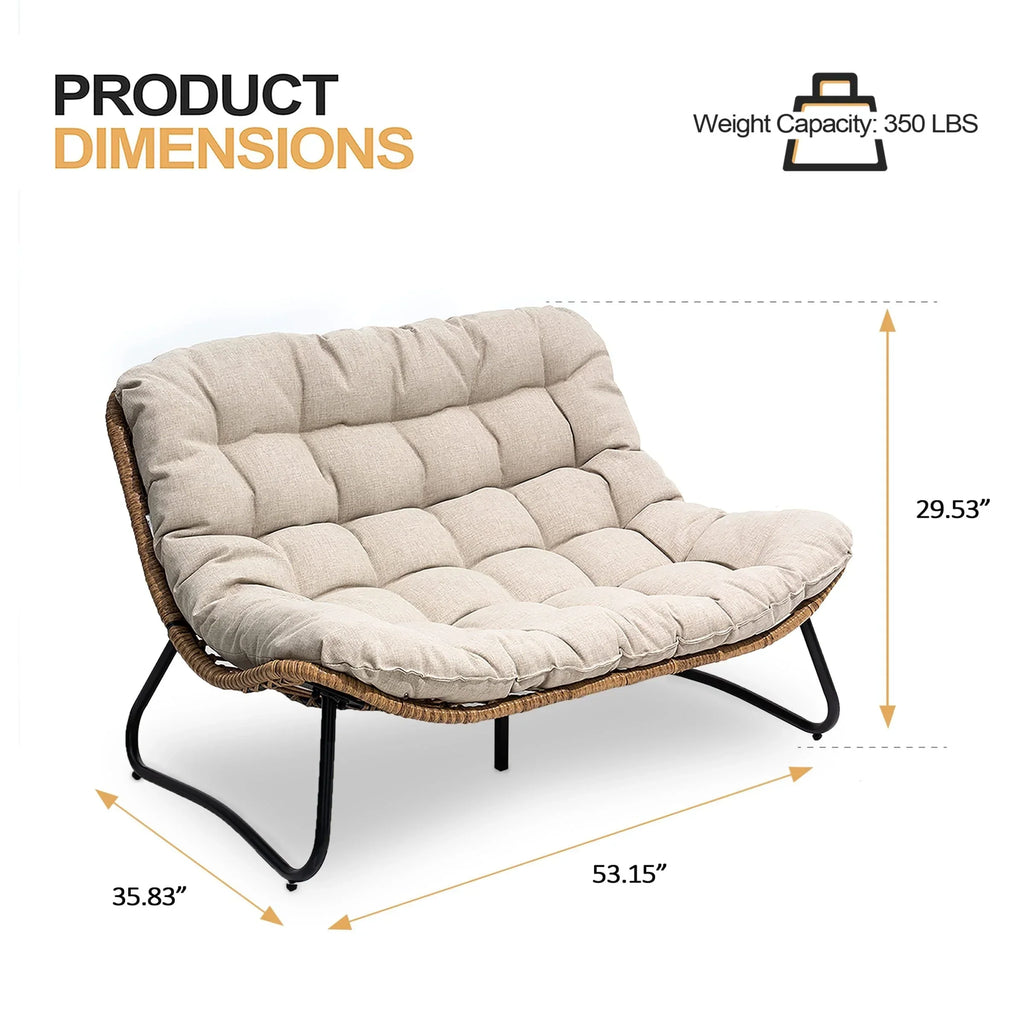 Διπλή πολυθρόνα Papasan Loveseat με μαξιλάρι, από ρατάν PE παντός καιρού και μεταλλικό σκελετό για εσωτερικούς και εξωτερικούς χώρους