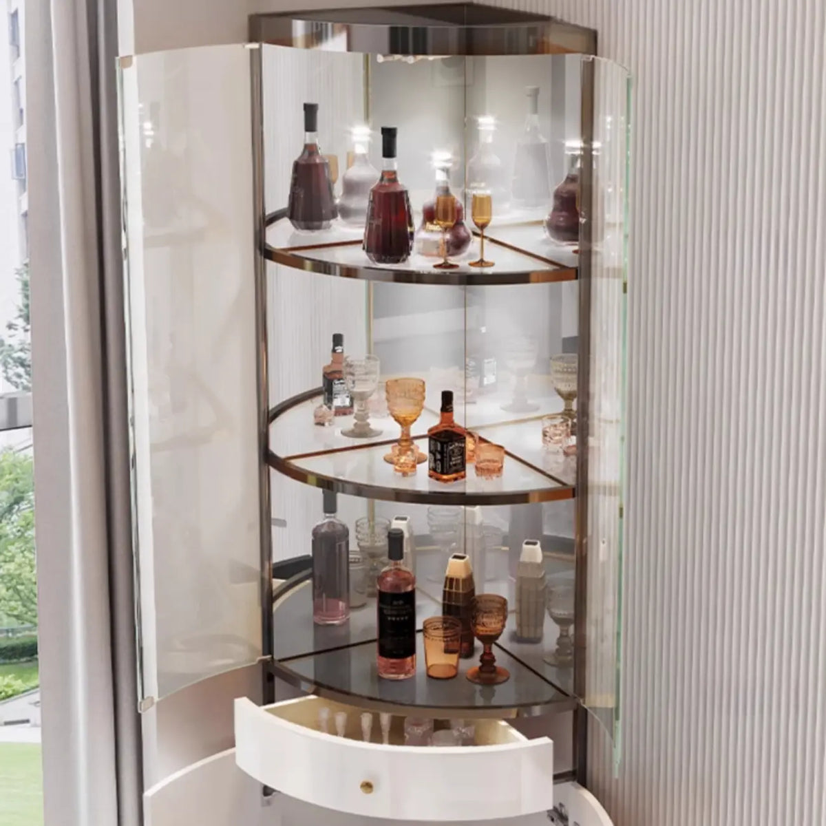 Multiple Levels Glass and Metal Shelf Storage Display Corner Wine Cabinet