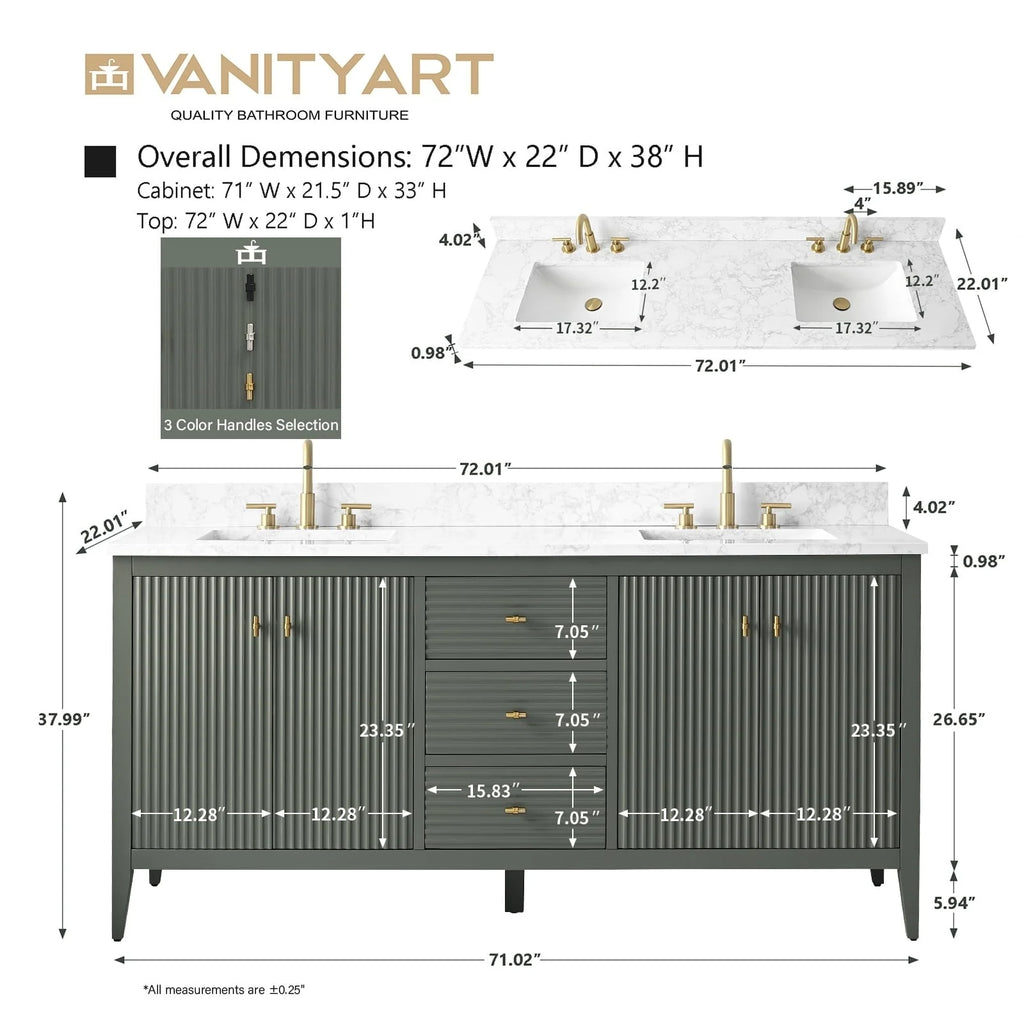 Έπιπλο μπάνιου Vanity Art 72" με διπλό νιπτήρα και πάγκο από τεχνητό μάρμαρο