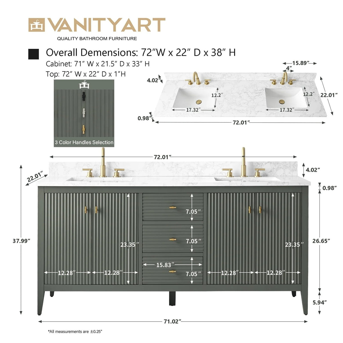 Έπιπλο μπάνιου Vanity Art 72" με διπλό νιπτήρα και πάγκο από τεχνητό μάρμαρο