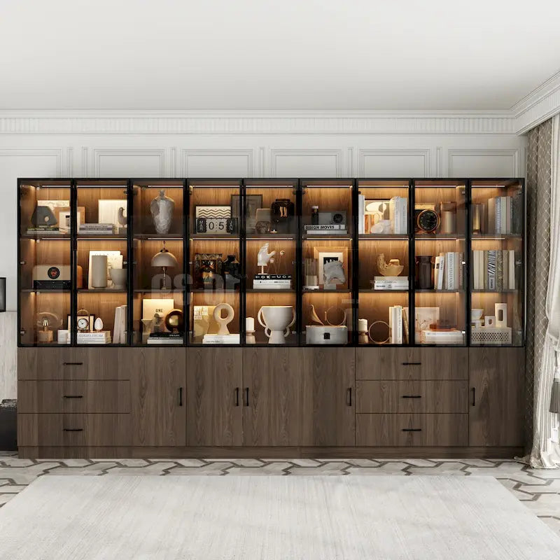 Aluminum and Glass Lighted Cabinet Customizable for Buffet/Bookshelf
