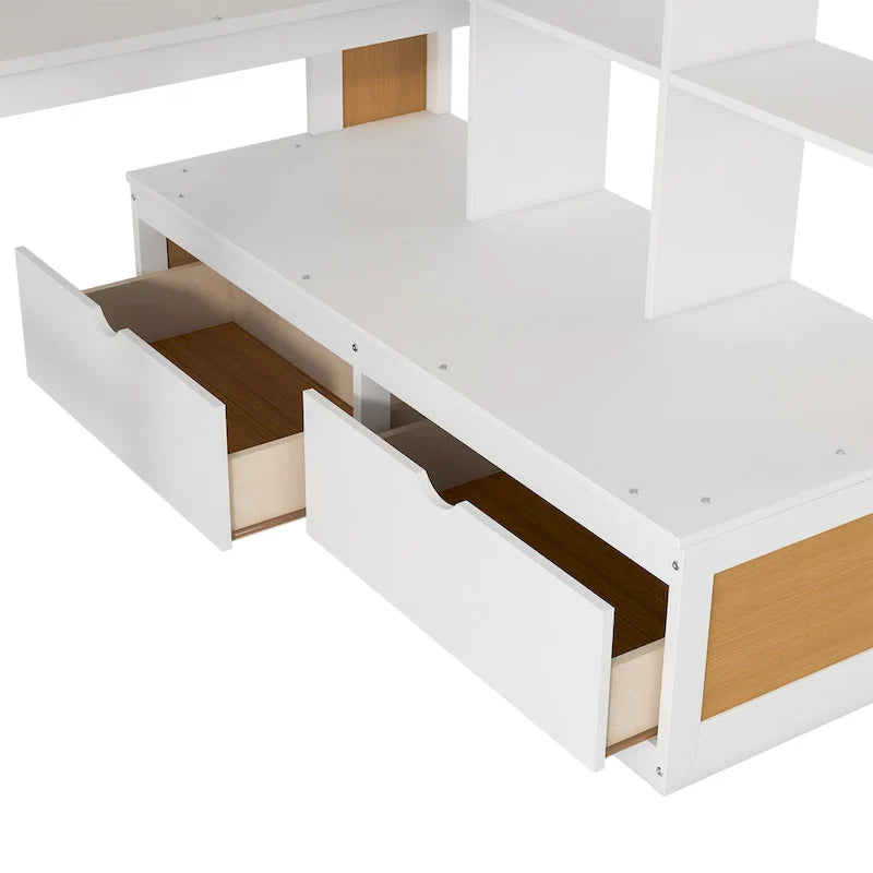 Natural+White Full Solid Wood Loft Bed with Desk & Drawers