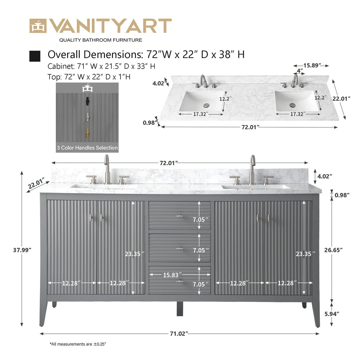 Έπιπλο μπάνιου Vanity Art 72" με διπλό νιπτήρα και πάγκο από τεχνητό μάρμαρο