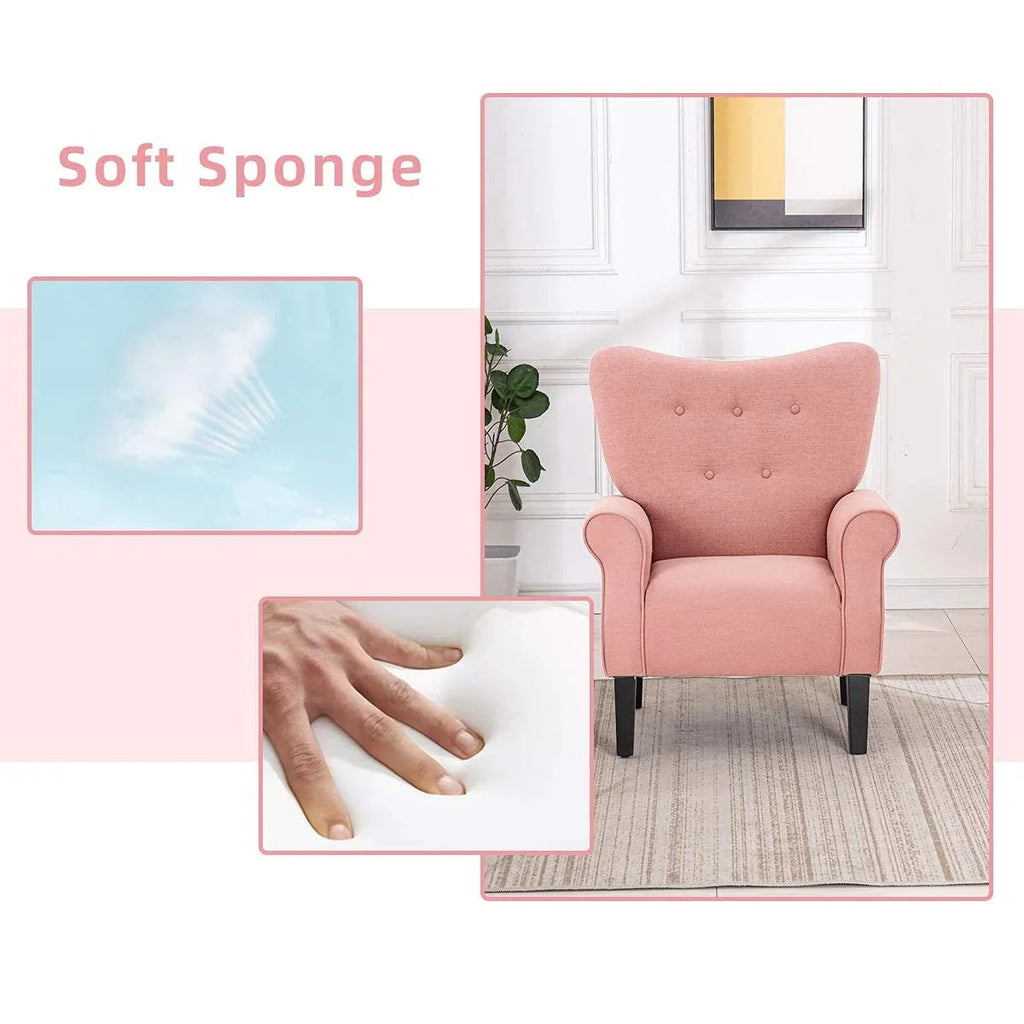 Erommy Modern Accent Chair, High Back Armchair, Upholstered Fabric Button Single Sofa with Wooden Legs for Living Room