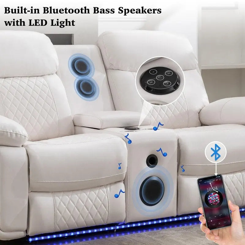 Power Reclining Sofa with Wireless Charger,Reading Light,LED Light for Living Room,Faux Leather,AC/USB Port,Cup Holder,Black