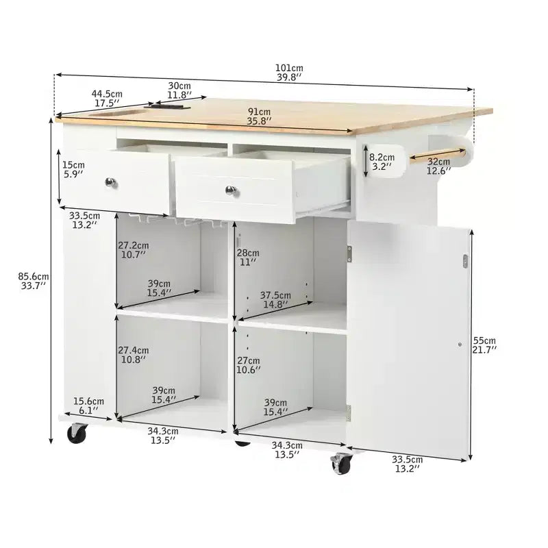 Μετακινούμενη νησίδα κουζίνας με πρίζα, πτυσσόμενη επιφάνεια και πάγκο από ξύλο καουτσουκόδεντρου