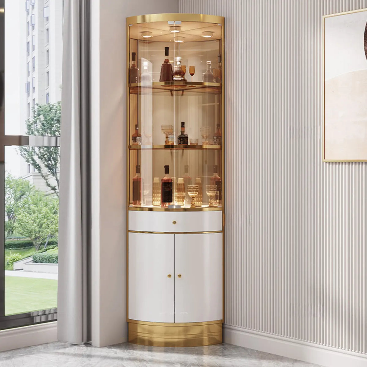 Multiple Levels Glass and Metal Shelf Storage Display Corner Wine Cabinet